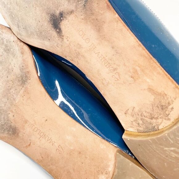 Manolo Blahnik PETUNIA Brogue Patent Leather Blue Tuxedo Ballet Flats Women’s 37 - Picture 9 of 9